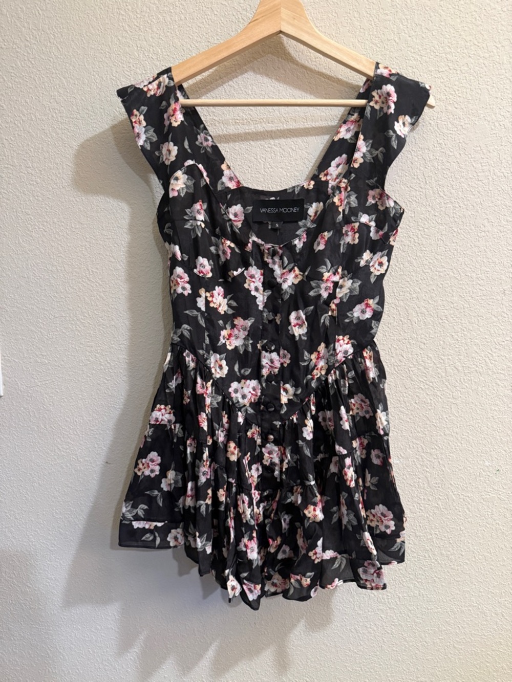 Vanessa Mooney Black Floral Button-Front Romper